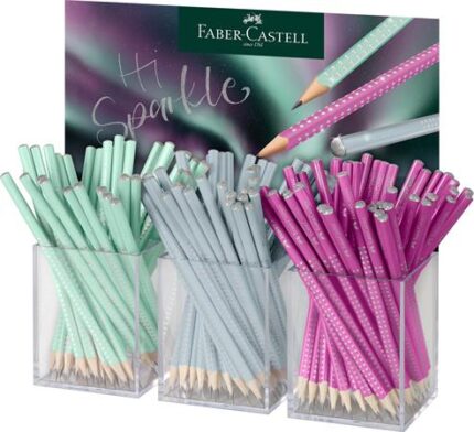 Faber-Castell Sparkle Aurora Espositore con 144 matite triangolari in grafite B - Miniera resistente alla rottura - Con cappuccio argentato - Colori del corpo: fucsia