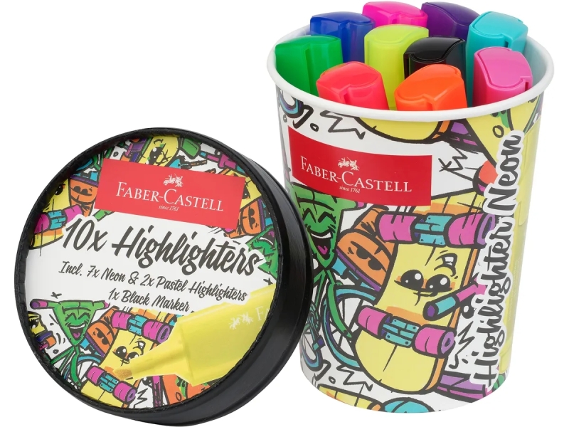 Faber-Castell Textliner 46 Neon Confezione da 10 pennarelli fluorescenti - Design della confezione: vaschetta di gelato - Punta smussata - Tratto tra 1 mm e 5 mm - Inchiostro a base d'acqua - Colori assortiti Faber-Castell Textliner 46 Neon Confezione da 10 pennarelli fluorescenti - Design della confezione: vaschetta di gelato - Punta smussata - Tratto tra 1 mm e 5 mm - Inchiostro a base d'acqua - Colori assortiti