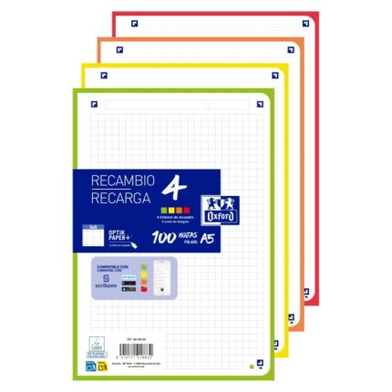 Ricariche Oxford da 100 fogli - Formato A5 - Griglia 5x5 mm - 4 fori - Digitalizzazione dei testi con app - Strisce di colori assortiti