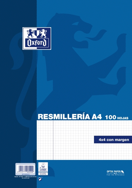 Rifilatura Oxford da 100 fogli - Formato A4 - Griglia 4x4 mm con margine - Copertina morbida - senza fori - Colore blu
