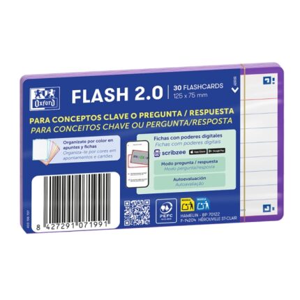 Oxford Confezione da 30 FlashCards 2.0 - Formato A7 - Righe orizzontali 1 linea - Cartoncino da 250 g - Digitalizzazione dei testi con app - Colore lilla
