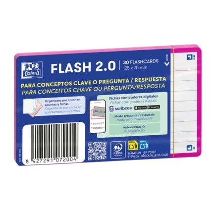 Oxford Confezione da 30 FlashCards 2.0 - Formato A7 - Righe orizzontali a 1 riga - Cartoncino da 250 g - Digitalizzazione dei testi tramite app - Colore fucsia