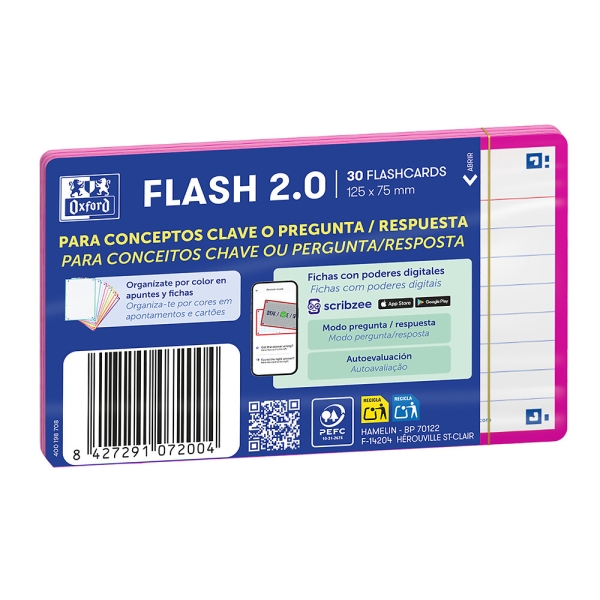 Oxford Confezione da 30 FlashCards 2.0 - Formato A7 - Righe orizzontali a 1 riga - Cartoncino da 250 g - Digitalizzazione dei testi tramite app - Colore fucsia