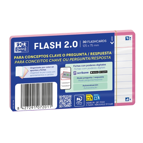 Oxford Confezione da 30 FlashCards 2.0 - Formato A7 - Righe orizzontali 1 linea - Cartoncino da 250 g - Digitalizzazione dei testi con app - Colore rosa