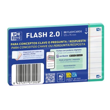 Oxford Confezione da 30 FlashCards 2.0 - Formato A7 - Righe orizzontali 1 linea - Cartoncino da 250 g - Digitalizzazione dei testi con app - Colore Menta