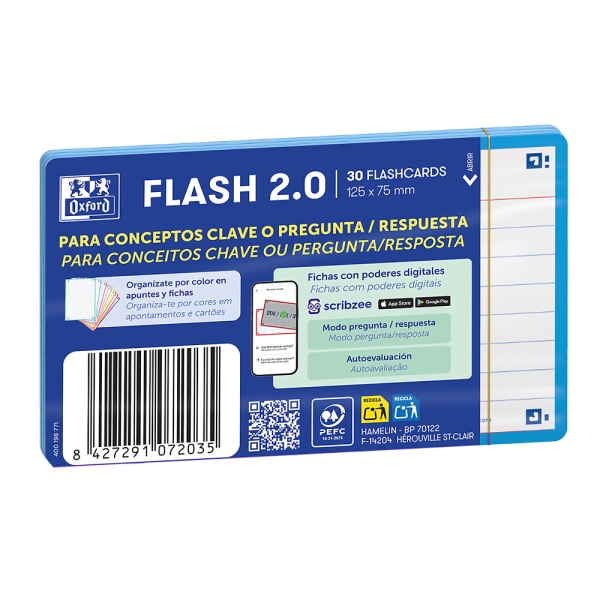 Oxford Confezione da 30 FlashCards 2.0 - Formato A7 - Righe orizzontali a 1 linea - Cartoncino da 250 g - Digitalizzazione dei testi con app - Colore turchese