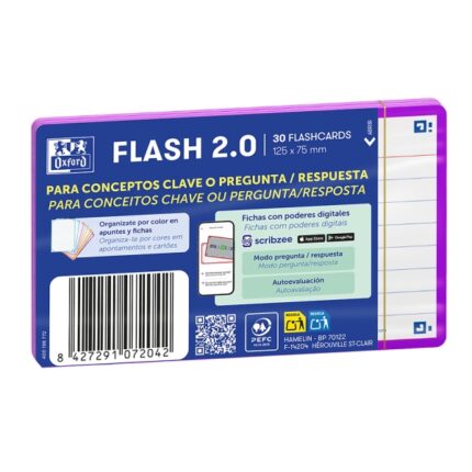 Oxford Confezione da 30 FlashCards 2.0 - Formato A7 - Righe orizzontali a 1 linea - Cartoncino da 250 g - Digitalizzazione dei testi con app - Colore viola