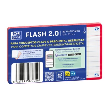 Oxford Confezione da 30 FlashCards 2.0 - Formato A7 - Righe orizzontali 1 linea - Cartoncino da 250 g - Digitalizzazione dei testi con app - Colore rosso