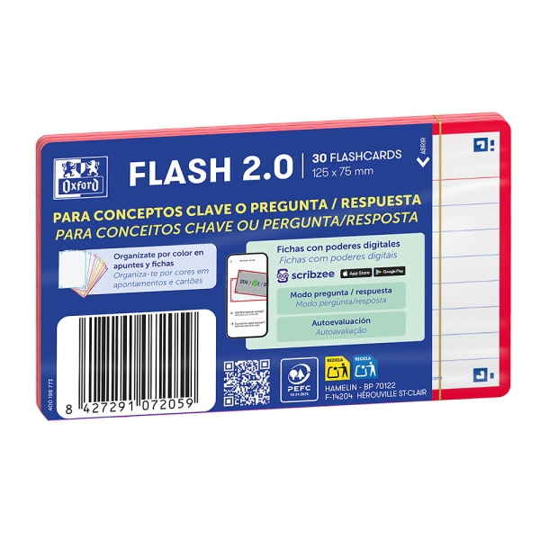 Oxford Confezione da 30 FlashCards 2.0 - Formato A7 - Righe orizzontali 1 linea - Cartoncino da 250 g - Digitalizzazione dei testi con app - Colore rosso