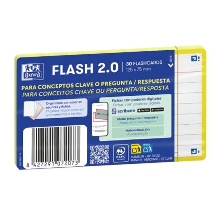Oxford Confezione da 30 FlashCards 2.0 - Formato A7 - Righe orizzontali a 1 linea - Cartoncino da 250 g - Digitalizzazione dei testi con app - Colore giallo