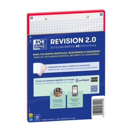 Oxford Confezione da 30 FlashCards 2.0 - Formato A5 - Griglia 5x5 mm - Cartoncino da 250 g - Digitalizzazione dei testi con app - Colore rosso