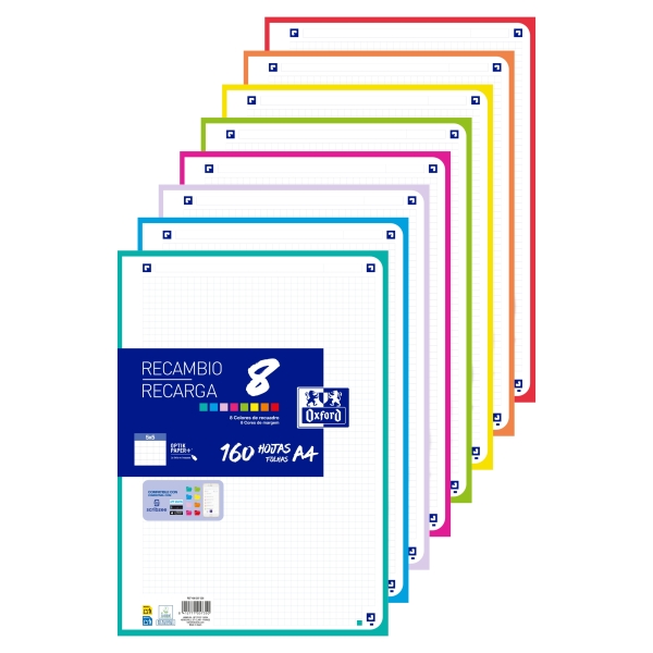 Ricarica Oxford da 160 fogli con 4 fori - Formato A4 - Griglia 5x5 incorniciata - Anti-trasferimento dell'inchiostro - Digitalizzazione dei testi con app - Colori assortiti