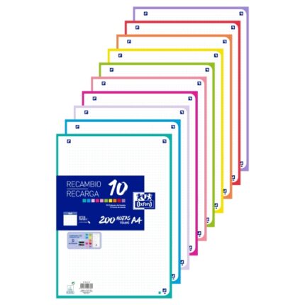 Ricarica Oxford da 200 fogli con 4 fori - Formato A4 - Griglia 5x5 incorniciata - Anti-trasferimento dell'inchiostro - Digitalizzazione dei testi con app - Colori assortiti