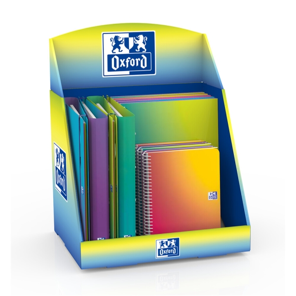 Espositore Oxford Gradient con 14 prodotti - 5 quaderni a spirale A4+ - 5 quaderni a spirale A5+ - 4 raccoglitori ad anelli A4+ - Colori assortiti