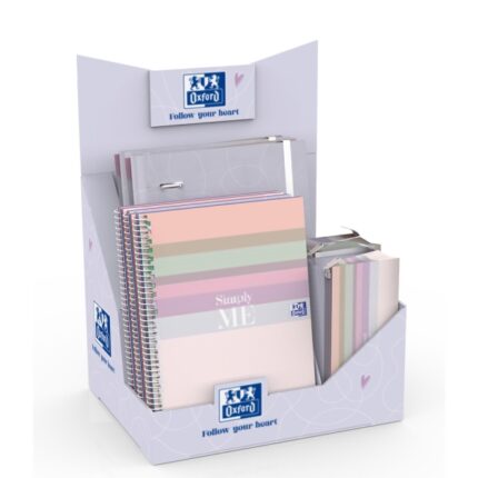Espositore Oxford Cute con 14 prodotti - 4 raccoglitori ad anelli A4+ - 5 quaderni a spirale A5+ - 4 astucci triangolari multiuso - Colori assortiti