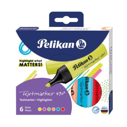 Pelikan Textmarker 490 Confezione da 6 evidenziatori fluorescenti - A base d'acqua - Punta smussata con 3 larghezze di tratto - Colori assortiti