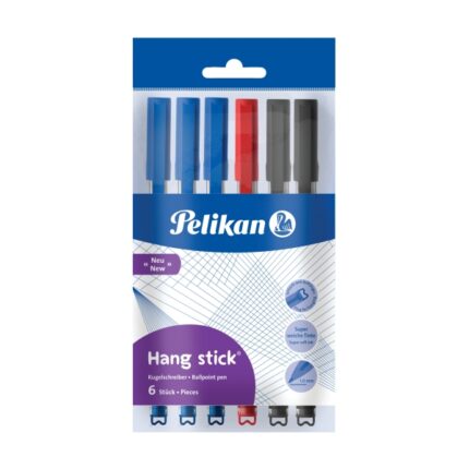 Pelikan Hang Stick Confezione da 6 penne a sfera colorate - Tratto da 1 mm - Cappuccio anti-soffocamento - Corpo triangolare ergonomico - Gancio - Inchiostro a base di olio - Colori assortiti