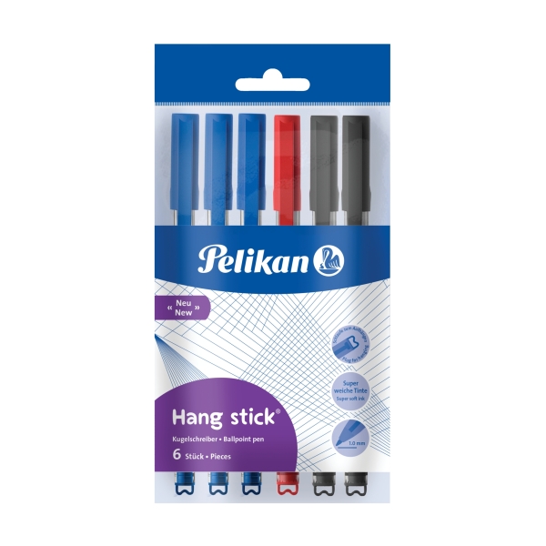 Pelikan Hang Stick Confezione da 6 penne a sfera colorate - Tratto da 1 mm - Cappuccio anti-soffocamento - Corpo triangolare ergonomico - Gancio - Inchiostro a base di olio - Colori assortiti