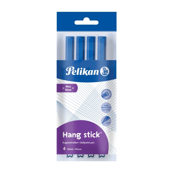 Pelikan Hang Stick Confezione da 4 penne a sfera - Tratto da 1 mm - Cappuccio anti-soffocamento - Corpo triangolare ergonomico - Gancio - Inchiostro a base di olio - Colore blu
