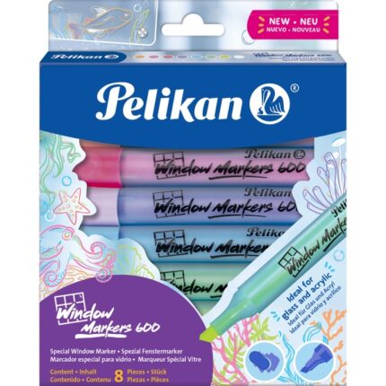 Pelikan Window Marker 600 Confezione da 8 pennarelli per finestre - Punta smussata con 3 spessori - Colori assortiti