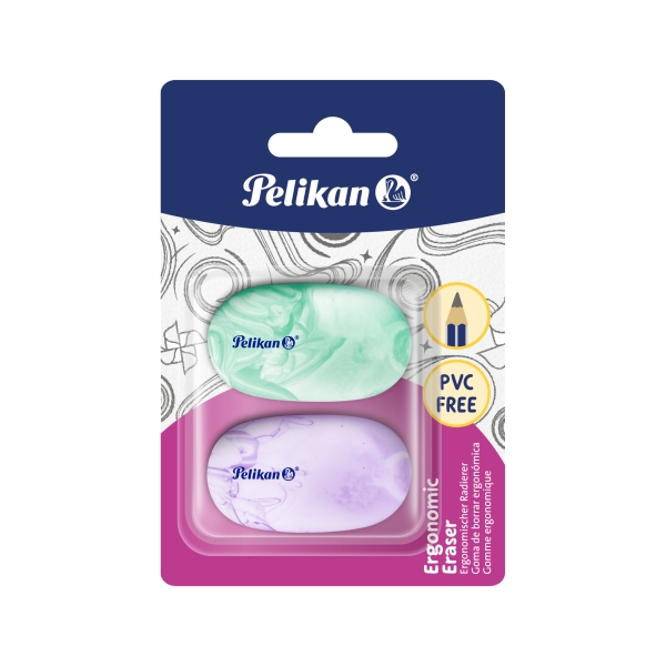 Pelikan Ergonomic Eraser Confezione da 2 gomme da cancellare - Vinile - Blister - senza PVC - Effetto marmorizzato - Colori assortiti