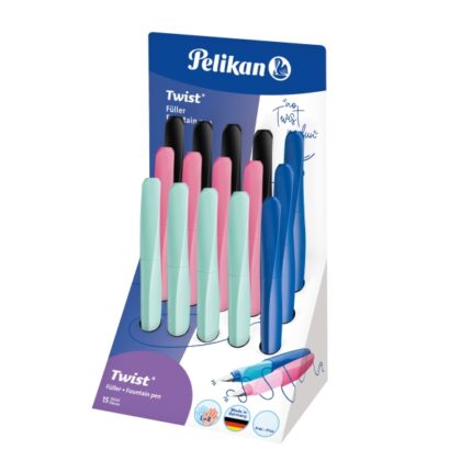Pelikan Twist Espositore con 15 penne stilografiche - Punta M - Ambidestro - Cartuccia d'inchiostro inclusa - Colori assortiti
