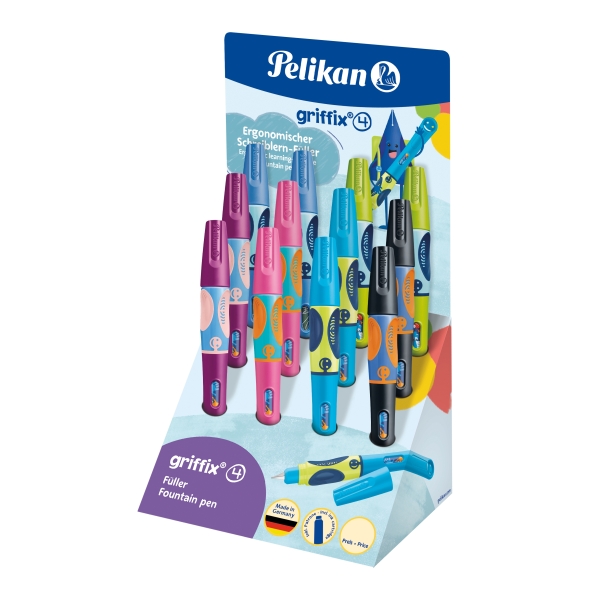 Pelikan Griffix Espositore con 12 penne stilografiche per destrimani - Pennino in acciaio inossidabile - 3 punti di presa con indicatore - Ergonomica - Cappuccio protettivo - Colori assortiti