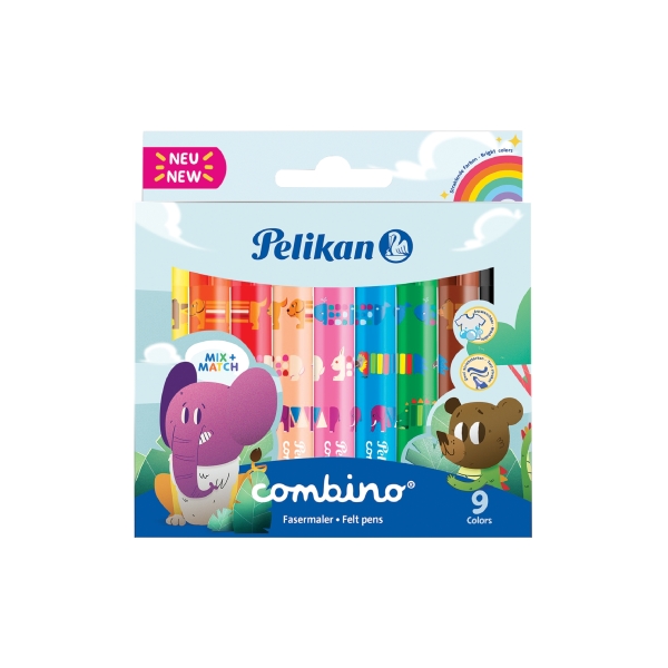 Pelikan Combino Jumbo Confezione da 9 pennarelli colorati - Lavabili - Atossici - 2 spessori di tratto - Punta in fibra - Colori assortiti