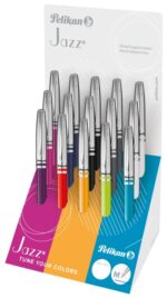 Pelikan Jazz Classic Espositore con 15 penne a sfera retrattili - Tratto da 1 mm - Meccanismo a rotazione - Cappuccio e clip cromati - Ricarica 337M nera - Colori assortiti