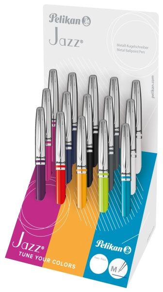Pelikan Jazz Classic Espositore con 15 penne a sfera retrattili - Tratto da 1 mm - Meccanismo a rotazione - Cappuccio e clip cromati - Ricarica 337M nera - Colori assortiti