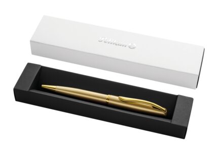 Pelikan Jazz Noble Penna a sfera retrattile - Tratto da 1 mm - Meccanismo a rotazione - Ricambio 337M blu - Astuccio regalo - Dettagli cromati - Colore oro