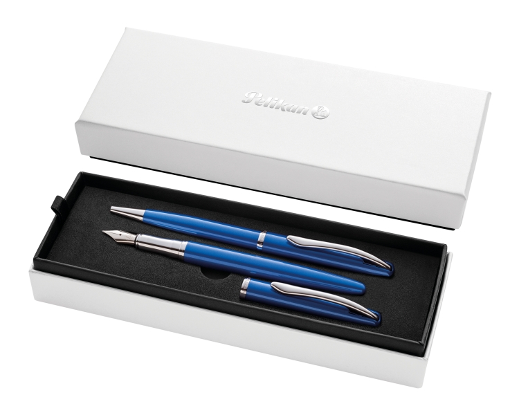 Pelikan Jazz Noble Set di penna a sfera e stilografica - Corpo satinato con dettagli cromati - Include astuccio regalo - Colore zaffiro