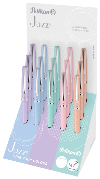 Espositore Pelikan Jazz con 15 penne a sfera a scatto - Tratto da 1 mm - Meccanismo a rotazione - Ricarica 337M blu - Colori pastello assortiti
