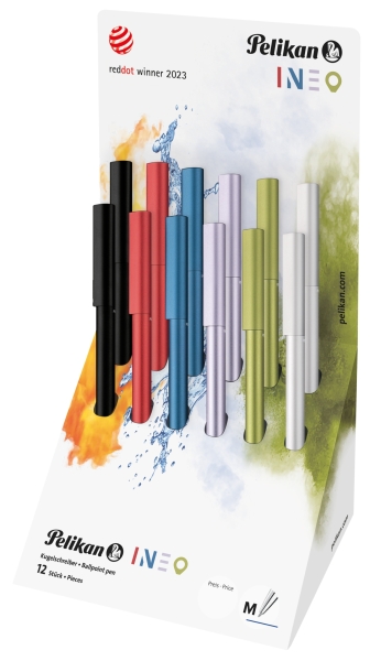 Pelikan Ineo Espositore con 12 penne a sfera retrattili - Tratto da 1 mm - Meccanismo a rotazione - Ricarica 337M blu - Alluminio anodizzato satinato - Colori assortiti