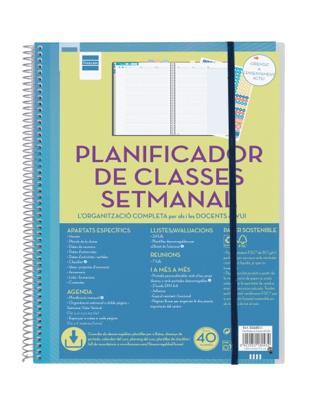 Finocam Organizzazione Pianificatore di Lezioni senza Date in Catalano per Insegnanti - Settimana Vista Verticale - 230x310mm - Copertine in Polipropilene - Carta da 80g/m2 - Spirale Metallica - Colore Blu