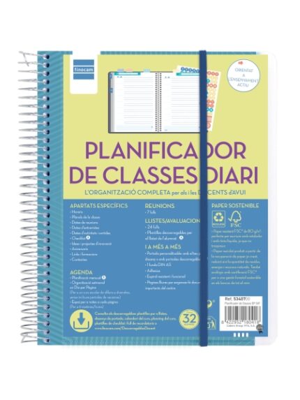 Finocam Organizer Pianificatore di Lezioni senza Data in Catalano per Insegnanti - 1 Giorno per Pagina - Formato 4º - 155x212mm - Copertina in Polipropilene - Carta da 80g/m2 - Spirale - Colore Blu