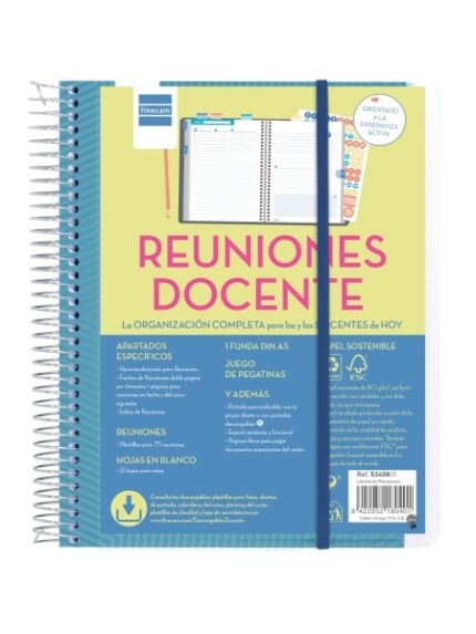 Finocam Organizer Pianificatore di riunioni senza date per insegnanti - Formato 4º - 155x212 mm - Copertina in polipropilene - Carta da 80 g/m² - Spirale metallica - Colore blu