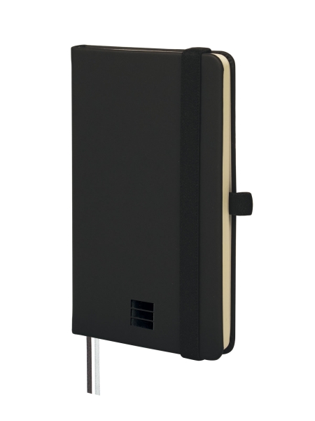 Finocam Nexo Quaderno con copertina rigida - 72 fogli - 90x150 mm - Righe orizzontali - Carta color crema da 80 g/m² - Tasca interna - Portapenne - Fogli microperforati - Colore nero