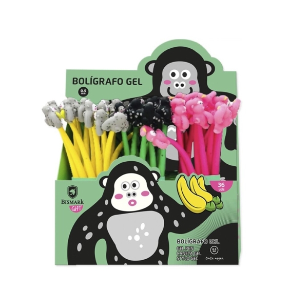 Bismark Animals Gorilla Penna a sfera Tacto Soft con divertenti gorilla - Punta fine - Inchiostro gel nero - 3 modelli diversi