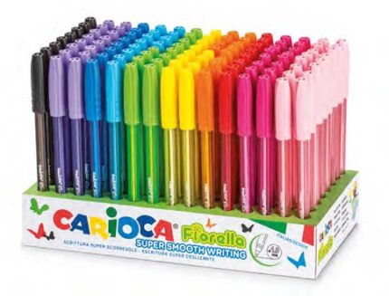 Carioca Fiorella Espositore con 120 penne a gel colorate - Punta a sfera da 1 mm - Corpo trasparente colorato - Colori assortiti