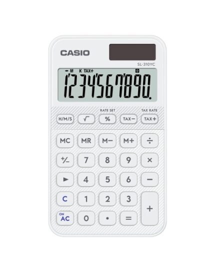 Casio SL-310YC Calcolatrice tascabile con display LCD a 10 cifre - Calcolo delle imposte - Alimentazione solare e a batterie - Compatta e leggera - Colore bianco