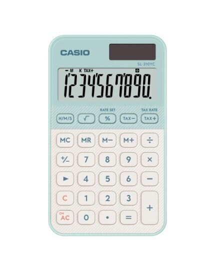 Casio SL-310YC Calcolatrice tascabile con display LCD a 10 cifre - Calcolo delle imposte - Alimentazione solare e a batterie - Compatta e leggera - Colore verde chiaro/bianco