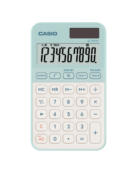 Casio SL-310YC Calcolatrice tascabile con display LCD a 10 cifre - Calcolo delle imposte - Alimentazione solare e a batterie - Compatta e leggera - Colore verde chiaro/bianco