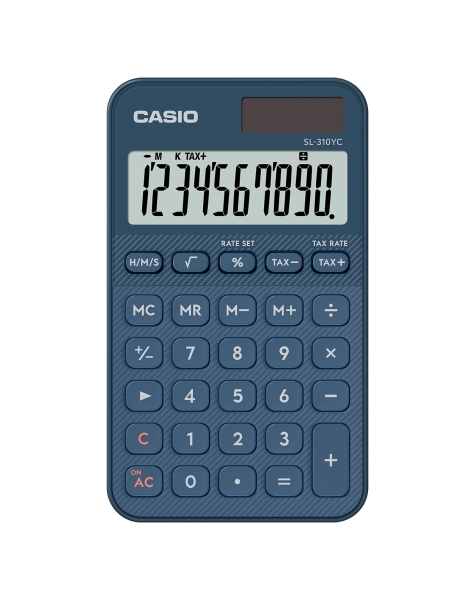 Casio SL-310YC Calcolatrice tascabile con display LCD a 10 cifre - Calcolo delle imposte - Alimentazione solare e a batterie - Compatta e leggera - Colore blu navy