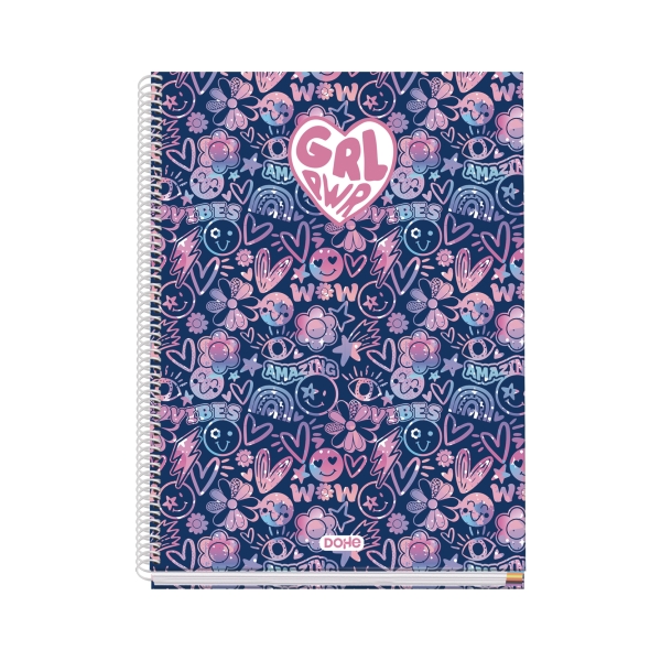 Dohe Girl Power Quaderno a spirale metallica - Formato A4 - 100 fogli offset da 90 g - 5x5 mm - Microperforati - Fascia colorata - Copertina rigida plastificata - 23x30x2 cm - Multicolore
