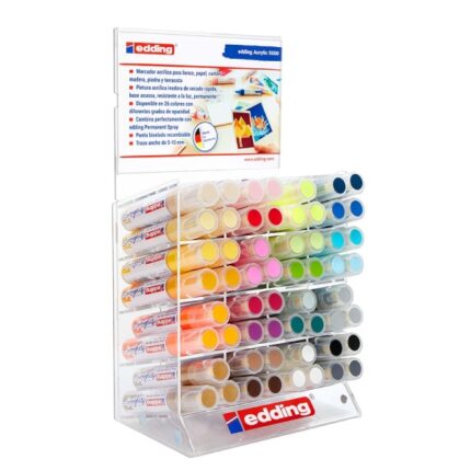 Edding 5000 Acrylic Espositore con 57 pennarelli acrilici permanenti - Punta smussata 4-15 mm - Tratto 5-10 mm - Resistente alla luce - Asciugatura rapida - Colori assortiti