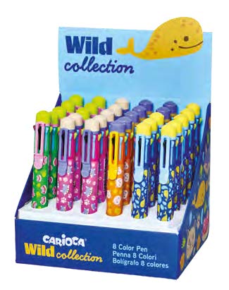 Carioca Wild Collection Espositore con 30 penne a sfera da 8 colori - Punta 1 mm - Divertenti disegni di animali - Clip di fissaggio