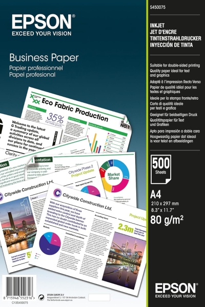 Carta Epson Business Inkjet A4 - 500 fogli - Grammatura 80 g/m² - Adatta alla stampa fronte-retro - Colore bianco
