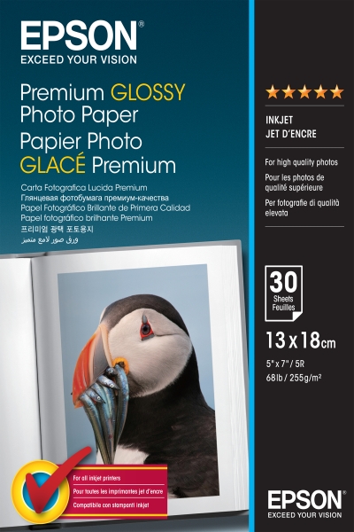 Epson Premium Glossy Photo Confezione da 30 fogli di carta fotografica - 13x18 cm - Grammatura 255 g/m² - Finitura lucida - Compatibile con stampanti a getto d'inchiostro - Colore bianco