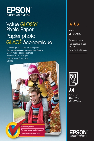 Epson Value Glossy Photo Confezione da 50 fogli di carta fotografica - A4 - Grammatura 183 g/m² - Finitura lucida - Compatibile con stampanti a getto d'inchiostro - Colore bianco